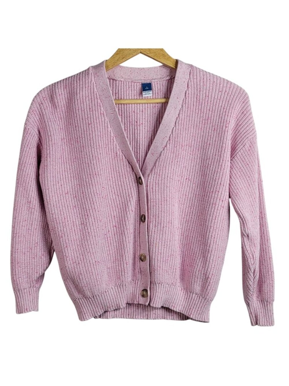Old Navy Girls Speckled Ribbed Cardigan Pink Large Sweater Long Sleeve Chunky